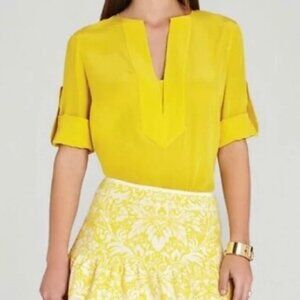 BCBGMAXAZRIA 'Emmalise' Yellow Sunflower Roll Tab Sleeve Silk Blouse: Size M